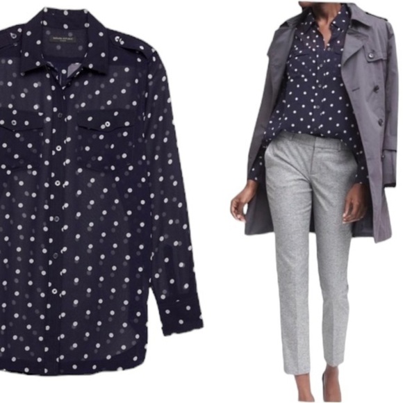 BANANA REPUBLIC Navy Sheer White Polka Dot Button Tunic Parker Blouse Size S - Picture 1 of 16